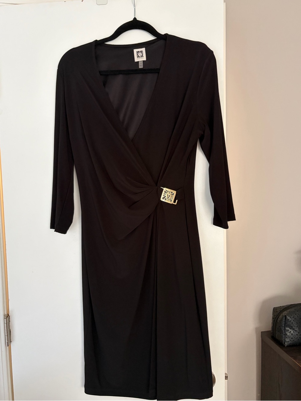 Anne Klein Black Wrap-Style Dress with Gold Buckle